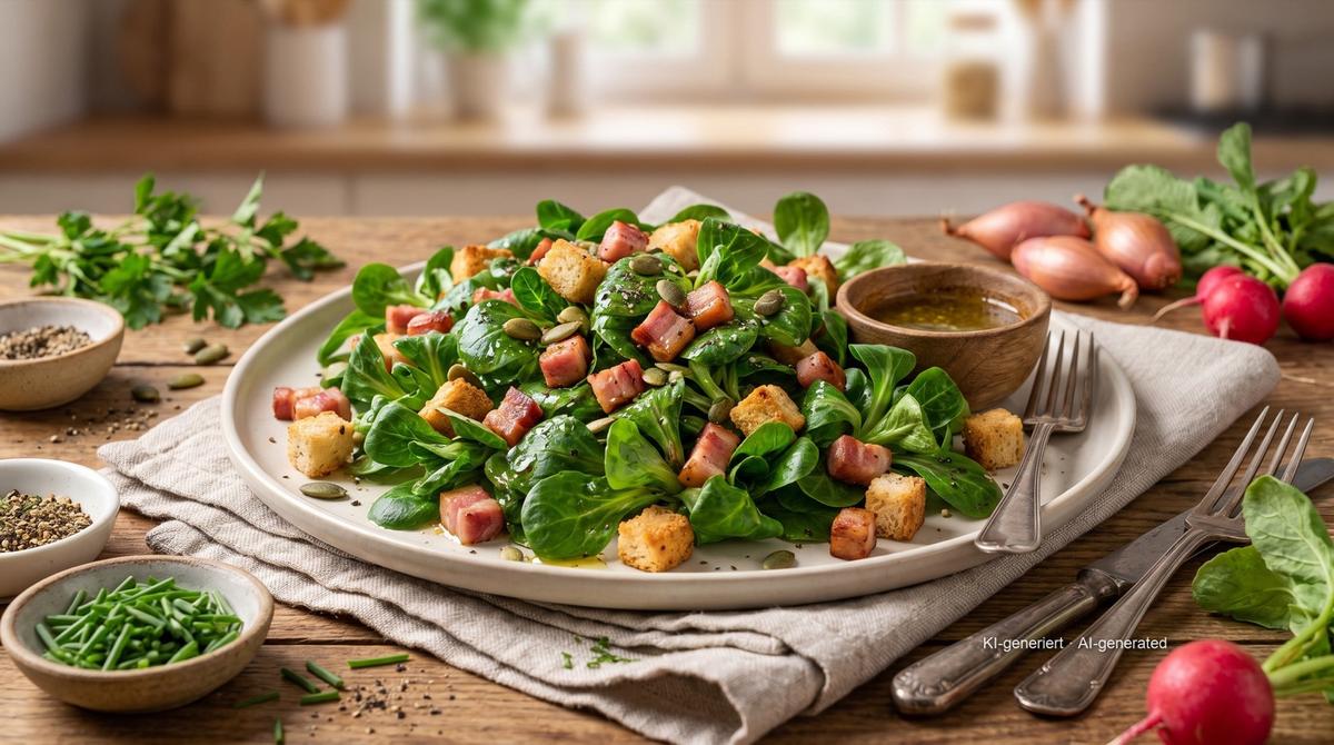 Veldsla met spek en croutons – Recept en afbeelding gemaakt met AI, redactioneel gecontroleerd