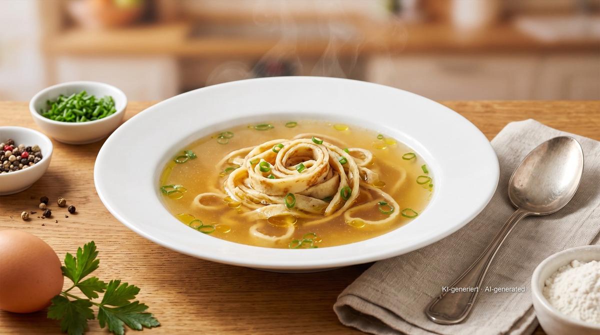 Flädlesuppe (pancake strip soup) with Chicken Broth – Recipe and image AI-created, editorially reviewed