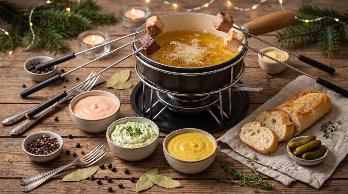 Meat Fondue with Three Sauces – Recipe and image AI-created, editorially reviewed