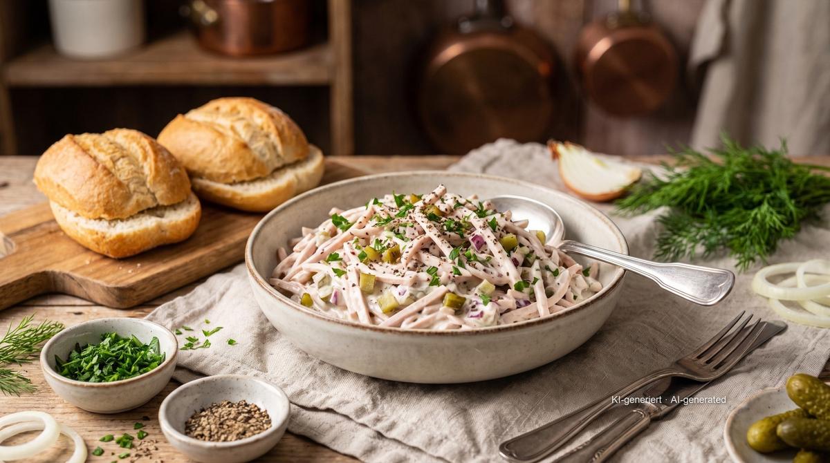 Fleischsalat (romige worstsalade met augurk) – Recept en afbeelding gemaakt met AI, redactioneel gecontroleerd