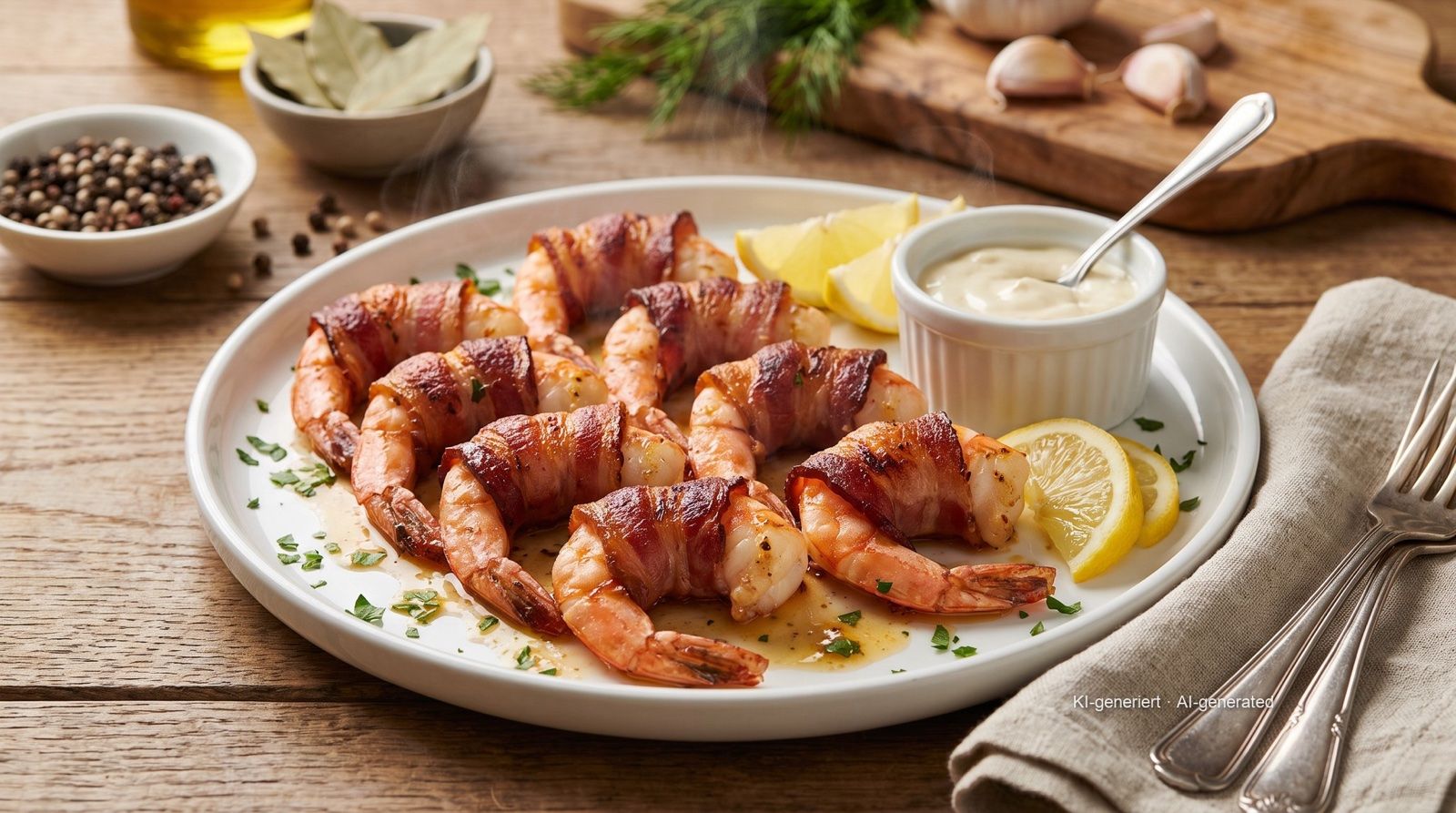 In spek gewikkelde garnalen uit de airfryer
