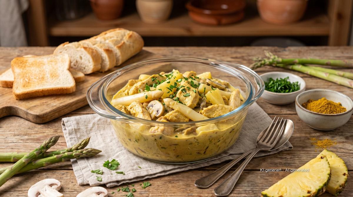 Kipsalade met asperges en ananas – Recept en afbeelding gemaakt met AI, redactioneel gecontroleerd