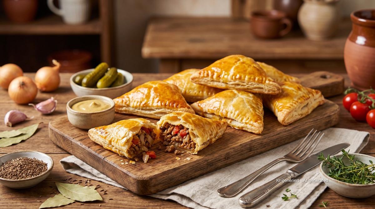 Fagottini di pasta sfoglia ripieni di carne macinata in friggitrice ad aria – Rezept und Bild mit KI erstellt, redaktionell geprüft