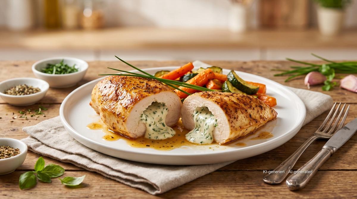 Gevulde kipfilet met kruidenroomkaas uit de airfryer – Recept en afbeelding gemaakt met AI, redactioneel gecontroleerd