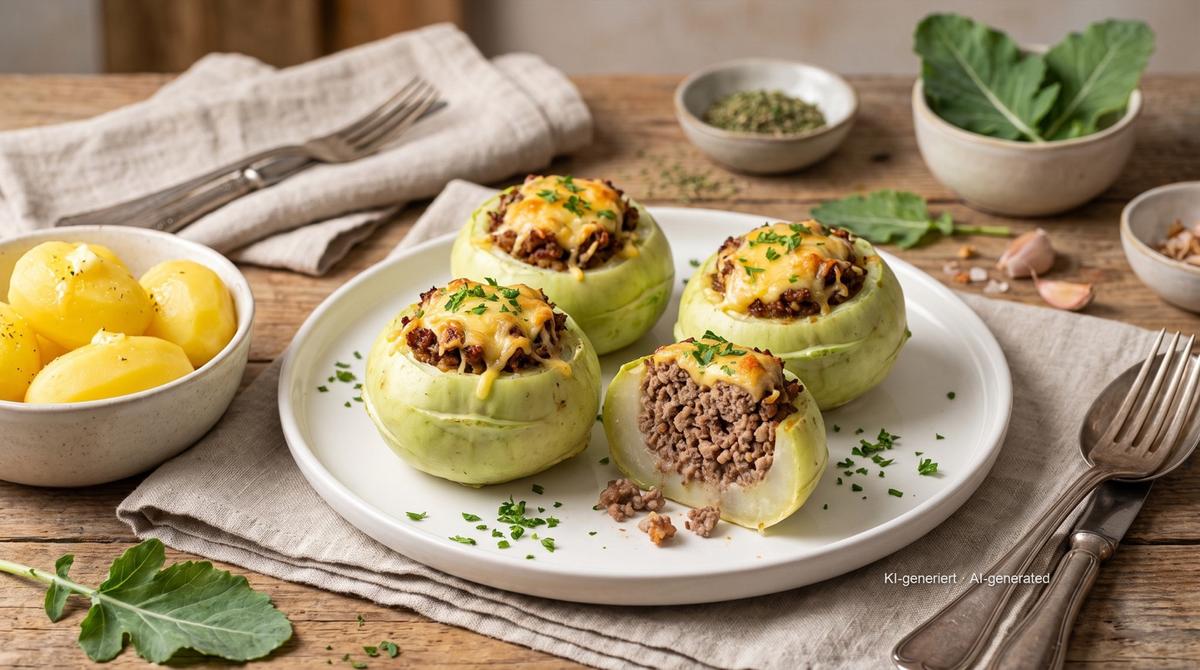 Gefüllte Kohlrabi aus der Heißluftfritteuse – Rezept und Bild mit KI erstellt, redaktionell geprüft