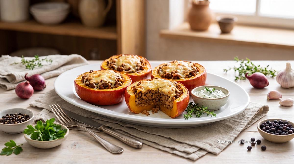 Mezze zucche ripiene di carne macinata in friggitrice ad aria – Rezept und Bild mit KI erstellt, redaktionell geprüft