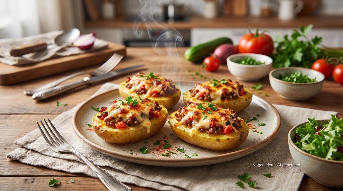 Gefüllte Ofenkartoffeln mit Hackfleisch aus der Heißluftfritteuse – Rezept und Bild mit KI erstellt, redaktionell geprüft