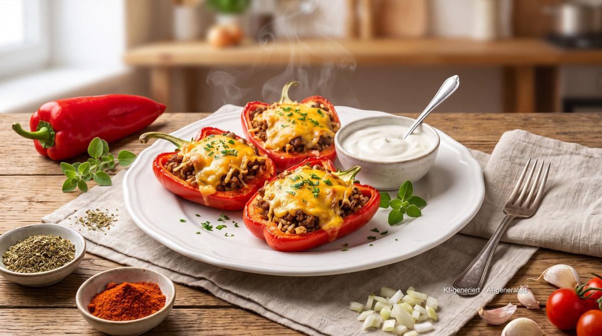 Gefüllte Paprika aus der Heißluftfritteuse – Rezept und Bild mit KI erstellt, redaktionell geprüft