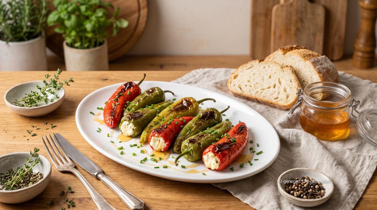Gefüllte Spitzpaprika mit Schafskäse aus der Heißluftfritteuse – Rezept und Bild mit KI erstellt, redaktionell geprüft