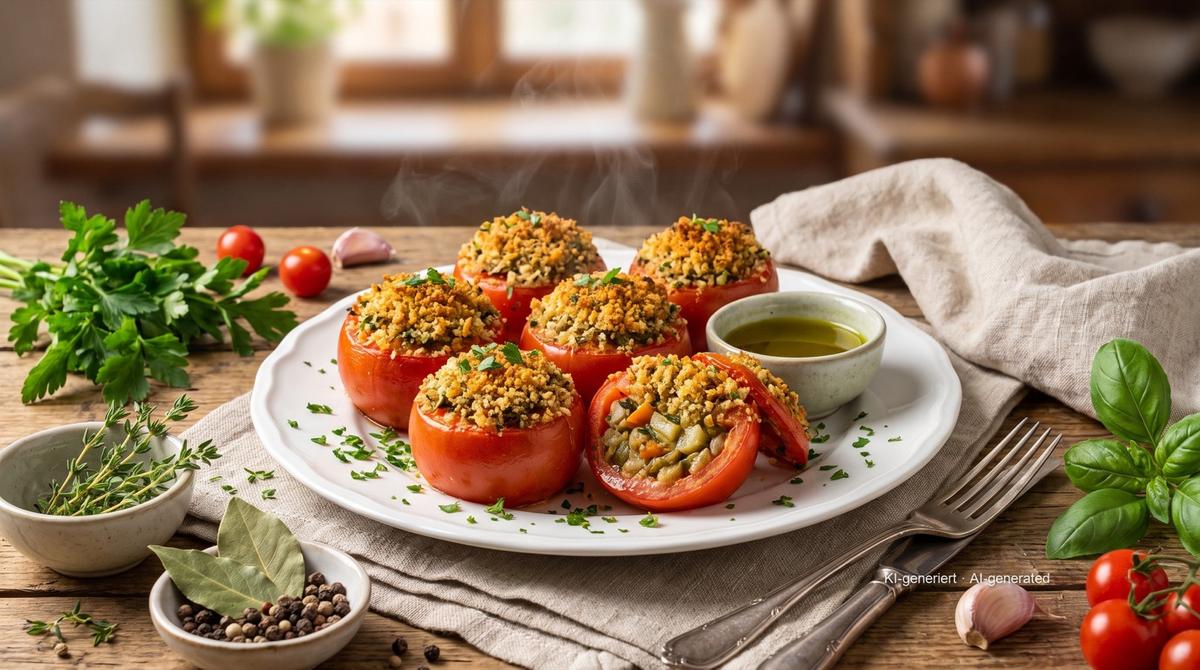 Gefüllte Tomaten aus der Heißluftfritteuse – Rezept und Bild mit KI erstellt, redaktionell geprüft