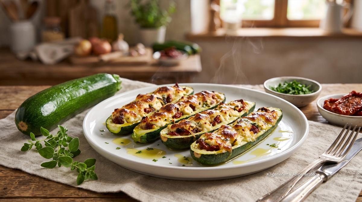 Gefüllte Zucchini aus der Heißluftfritteuse – Rezept und Bild mit KI erstellt, redaktionell geprüft