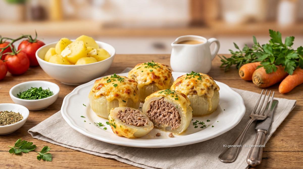 Gefüllte Zwiebeln mit Hackfleisch aus der Heißluftfritteuse – Rezept und Bild mit KI erstellt, redaktionell geprüft