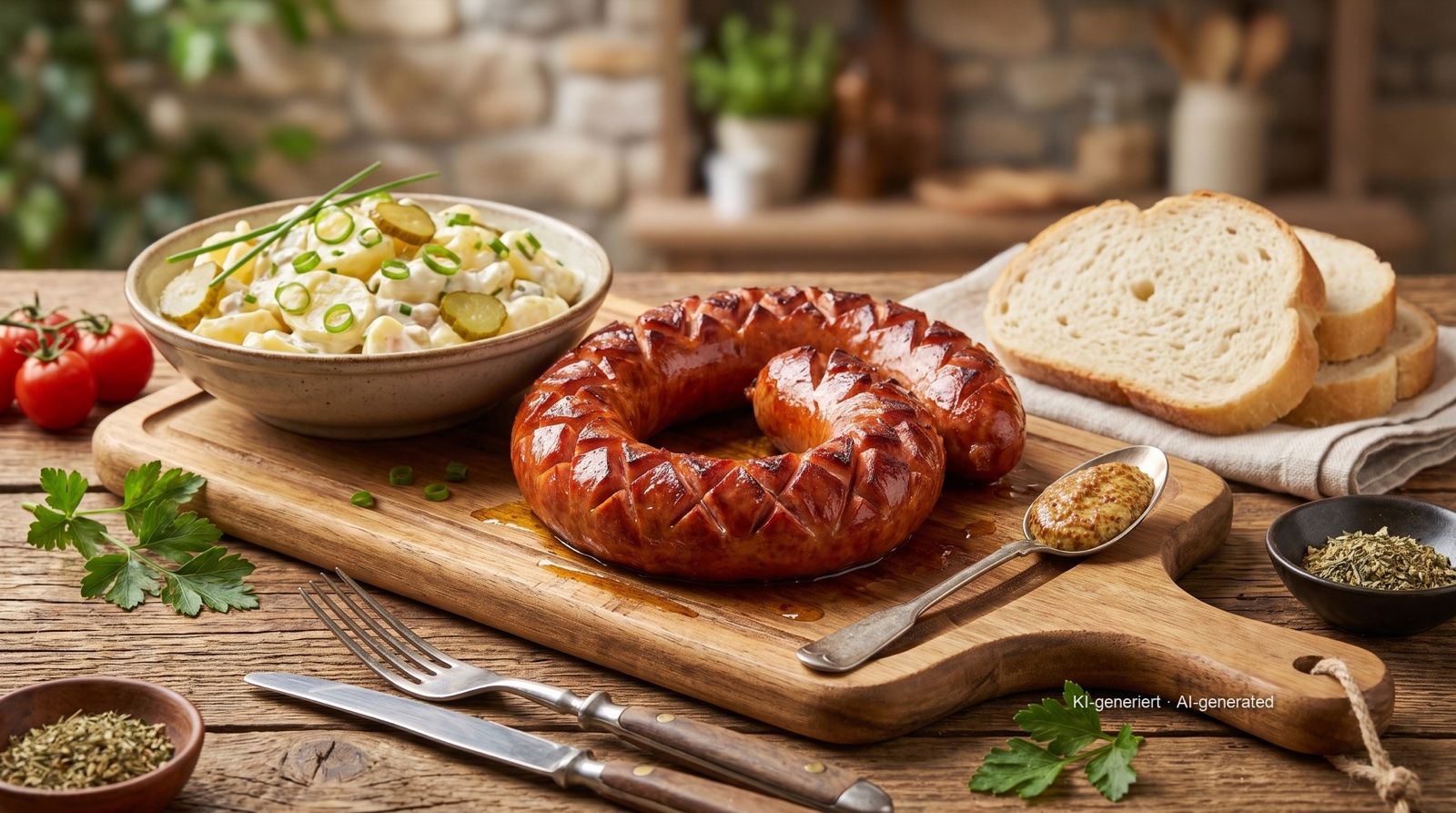 Gegrillter Lyoner-Ring mit Kartoffelsalat
