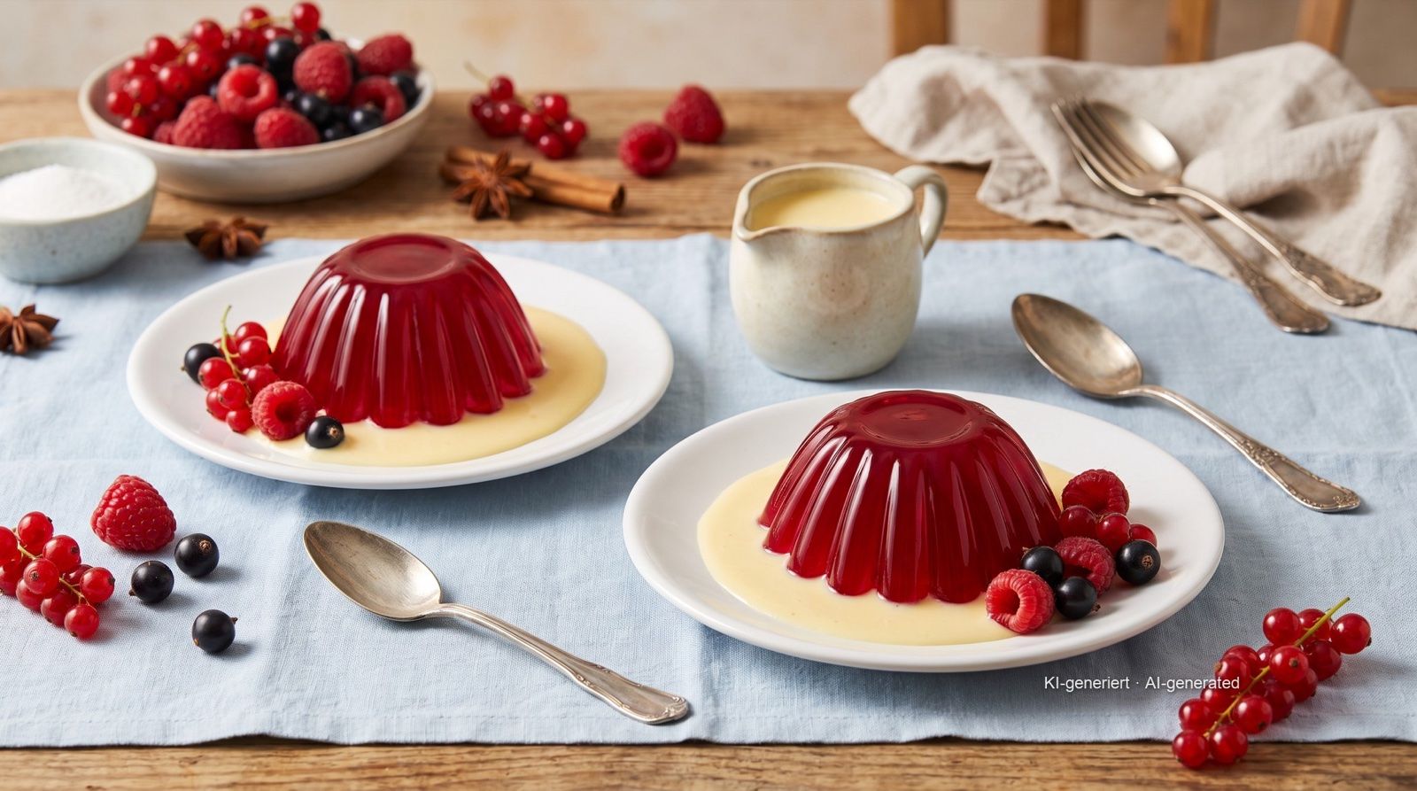 Götterspeise (drilpudding van vruchtensap) met vanillesaus