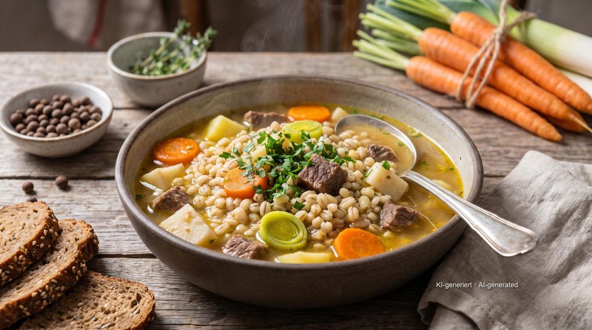 Maaltijdsoep met parelgort en rundvlees – Recept en afbeelding gemaakt met AI, redactioneel gecontroleerd
