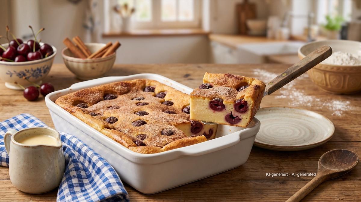 Krupicový nákyp s višněmi – Recept a obrázek vytvořeny pomocí AI, redakčně zkontrolovány