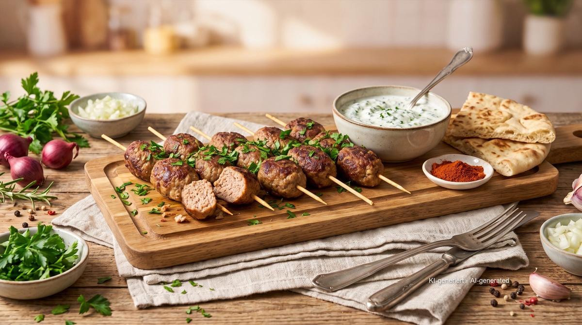 Hackfleischspieße aus der Heißluftfritteuse – Rezept und Bild mit KI erstellt, redaktionell geprüft