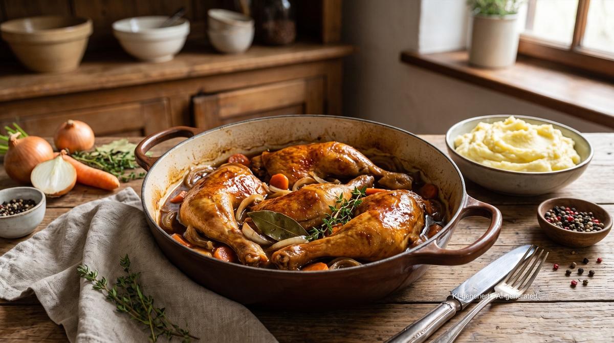 Frango ao molho de Altbier (cerveja escura de Düsseldorf) – Receita e imagem criadas com IA e revisadas pela equipe editorial