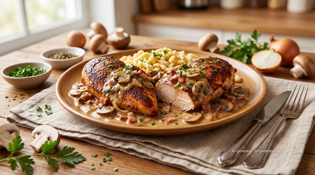 Chicken Breast Jägerart (hunter-style, in mushroom cream sauce) – Recipe and image AI-created, editorially reviewed