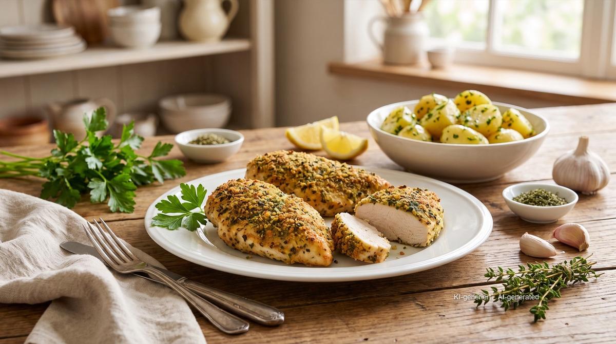 Kuřecí prsa s bylinkovou krustou z horkovzdušné fritézy – Recept a obrázek vytvořeny pomocí AI, redakčně zkontrolovány