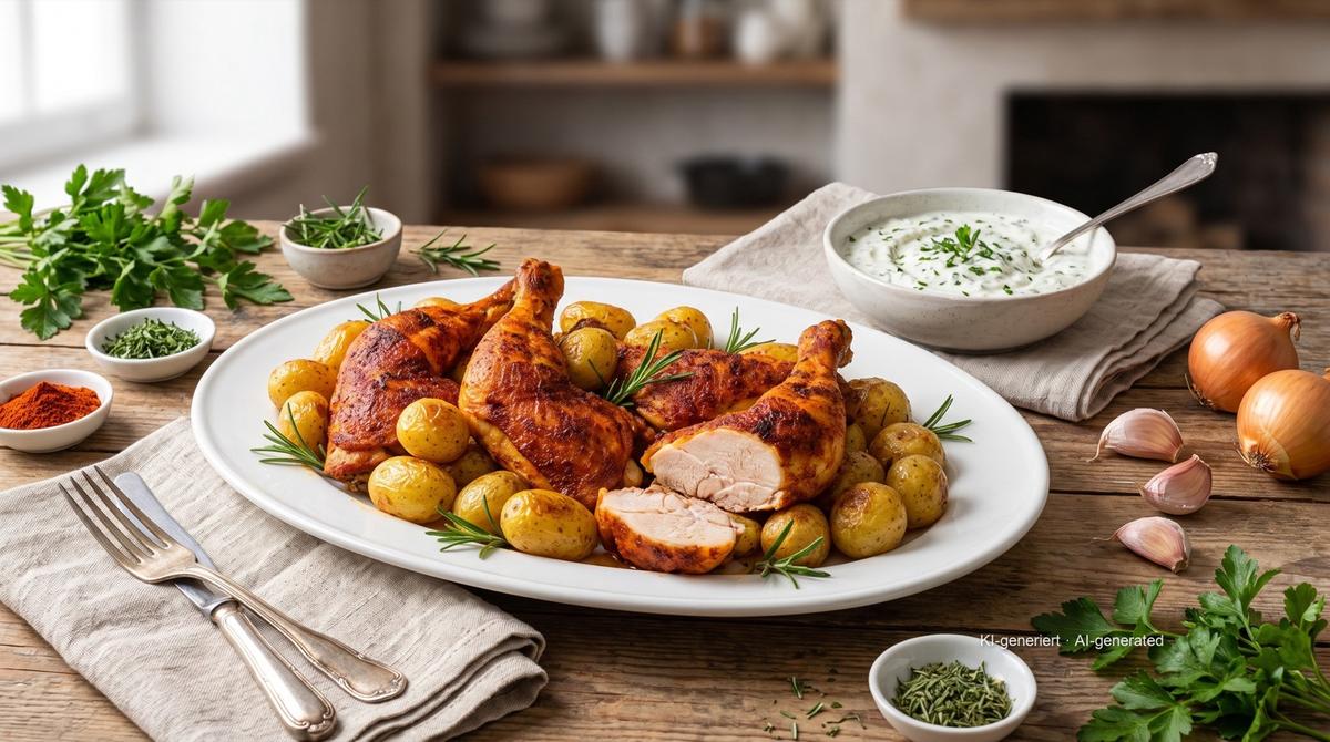 Hähnchenkeulen mit Kartoffeln in einem Durchgang aus der Heißluftfritteuse – Rezept und Bild mit KI erstellt, redaktionell geprüft