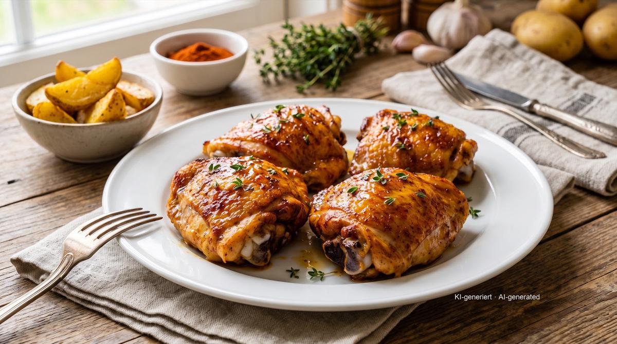 Hähnchenschenkel aus der Heißluftfritteuse – Rezept und Bild mit KI erstellt, redaktionell geprüft
