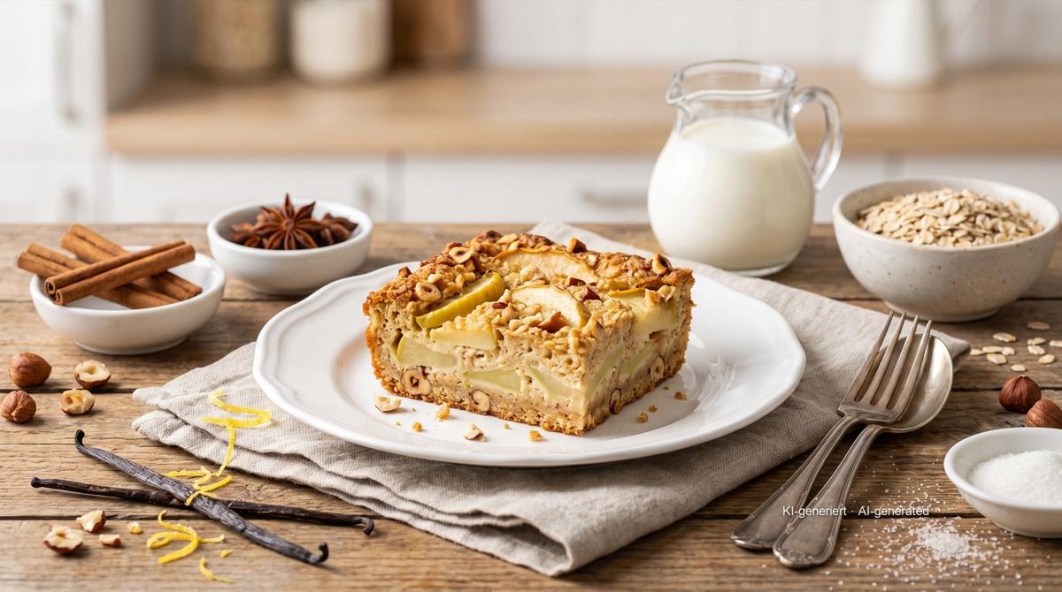 Ovesný nákyp s jablky v malé formě z horkovzdušné fritézy – Recept a obrázek vytvořeny pomocí AI, redakčně zkontrolovány