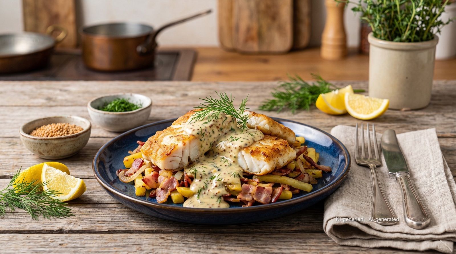 Hamburger Pannfisch (ryba s opékanými brambory a hořčičnou omáčkou)