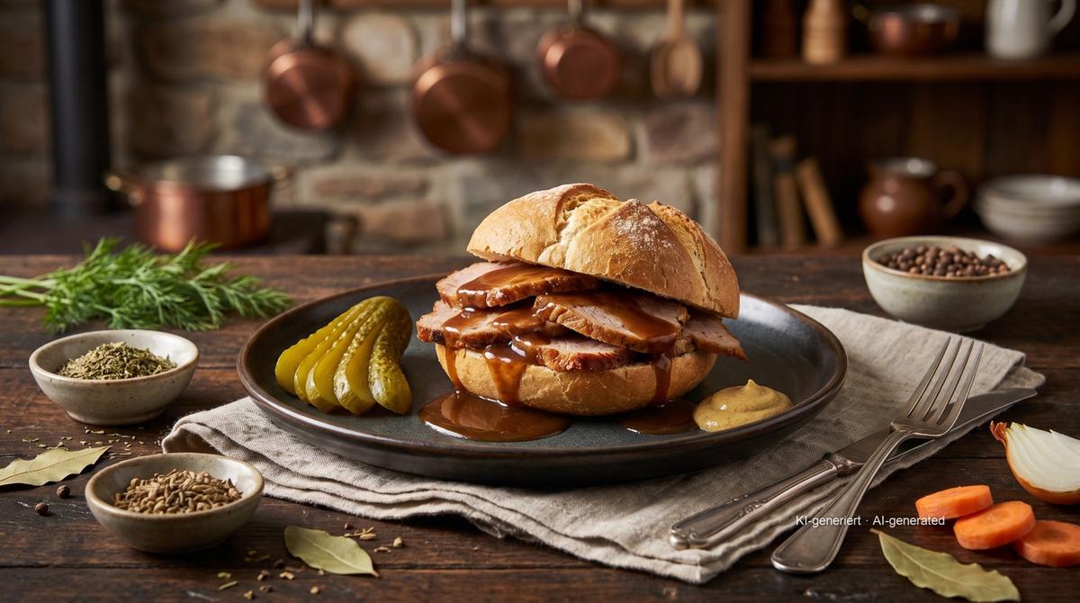 Hamburger Rundstück warm (teplá houska s vepřovou pečení) – Recept a obrázek vytvořeny pomocí AI, redakčně zkontrolovány