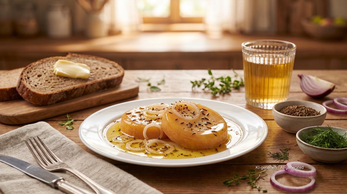 Handkäs mit Musik (kyselý sýr v cibulovém nálevu) – Recept a obrázek vytvořeny pomocí AI, redakčně zkontrolovány