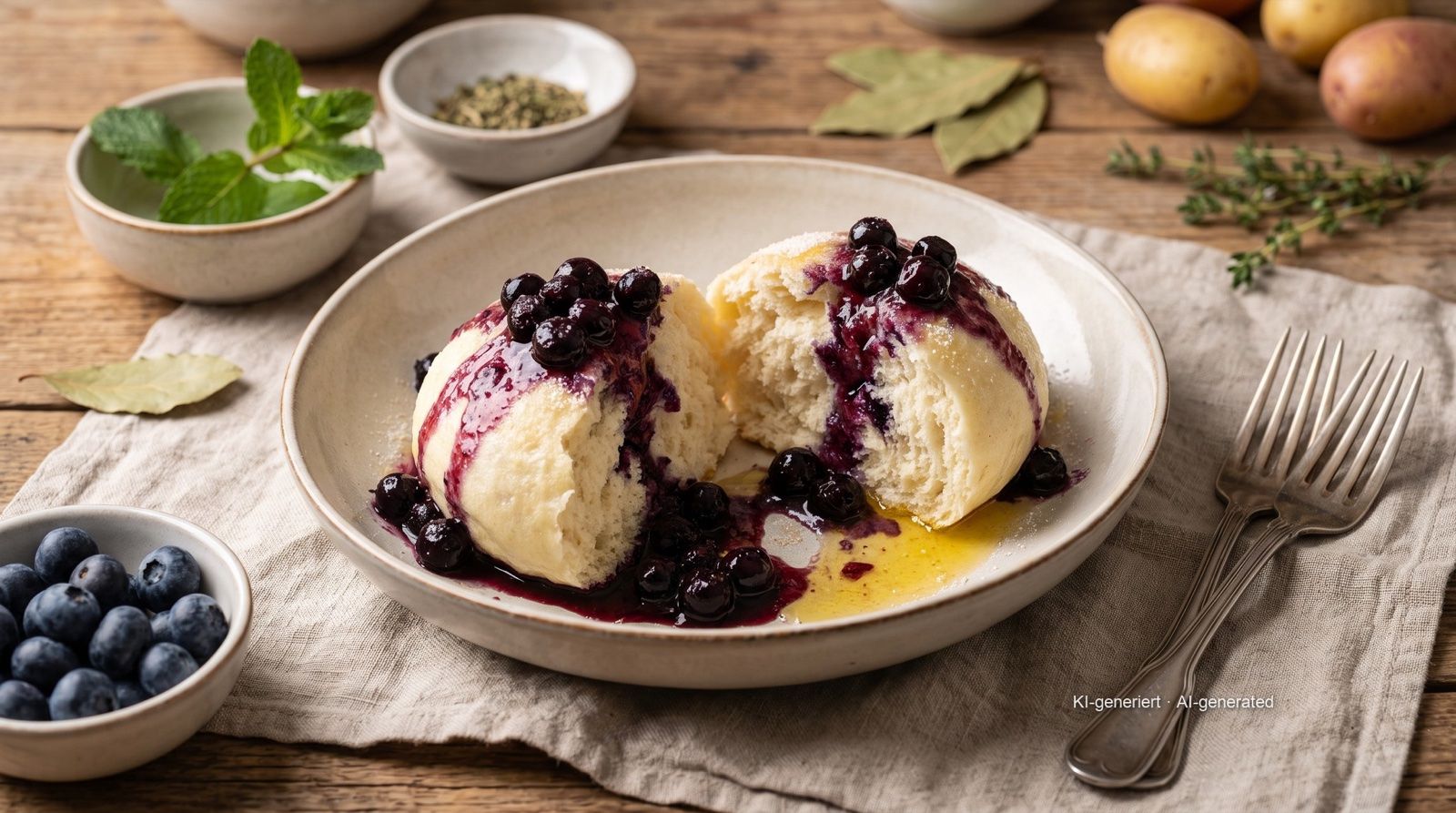 Hefeklöße (bola roti ragi kukus) dengan Blueberry