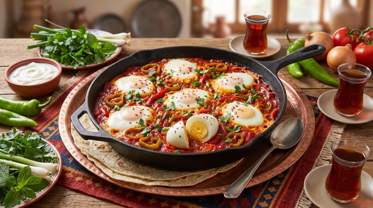 Hêk û bacanê sor — Eier in Tomaten-Paprika-Sauce – Rezept und Bild mit KI erstellt, redaktionell geprüft