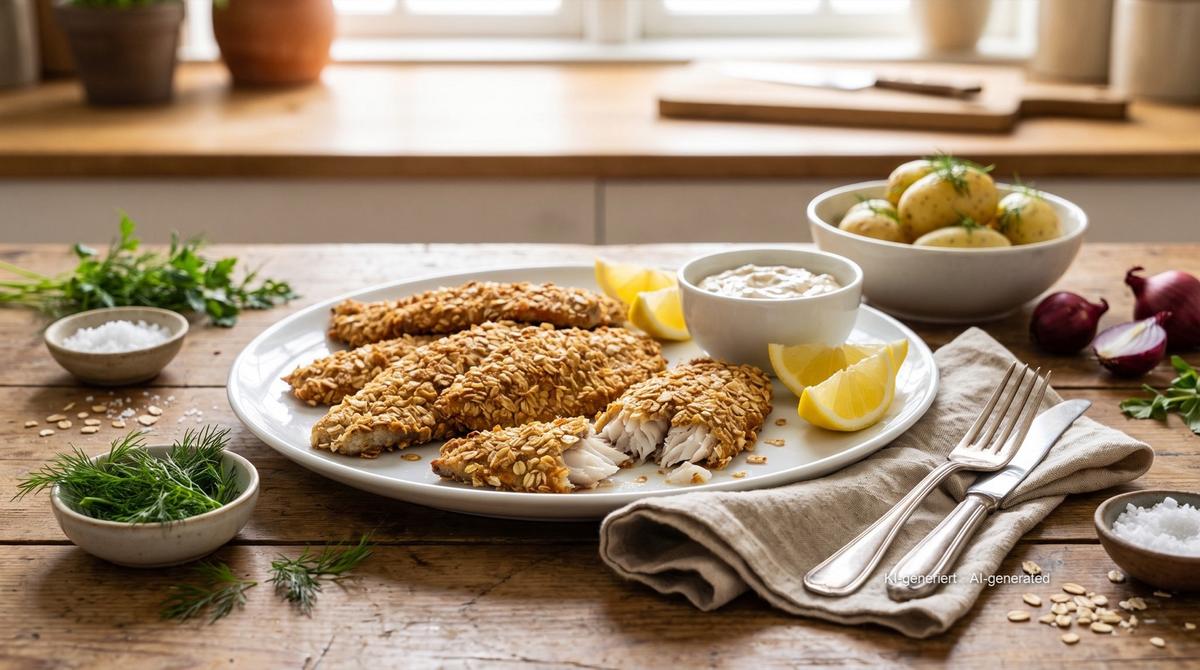 Heringsfilet in Haferflockenpanade aus der Heißluftfritteuse – Rezept und Bild mit KI erstellt, redaktionell geprüft