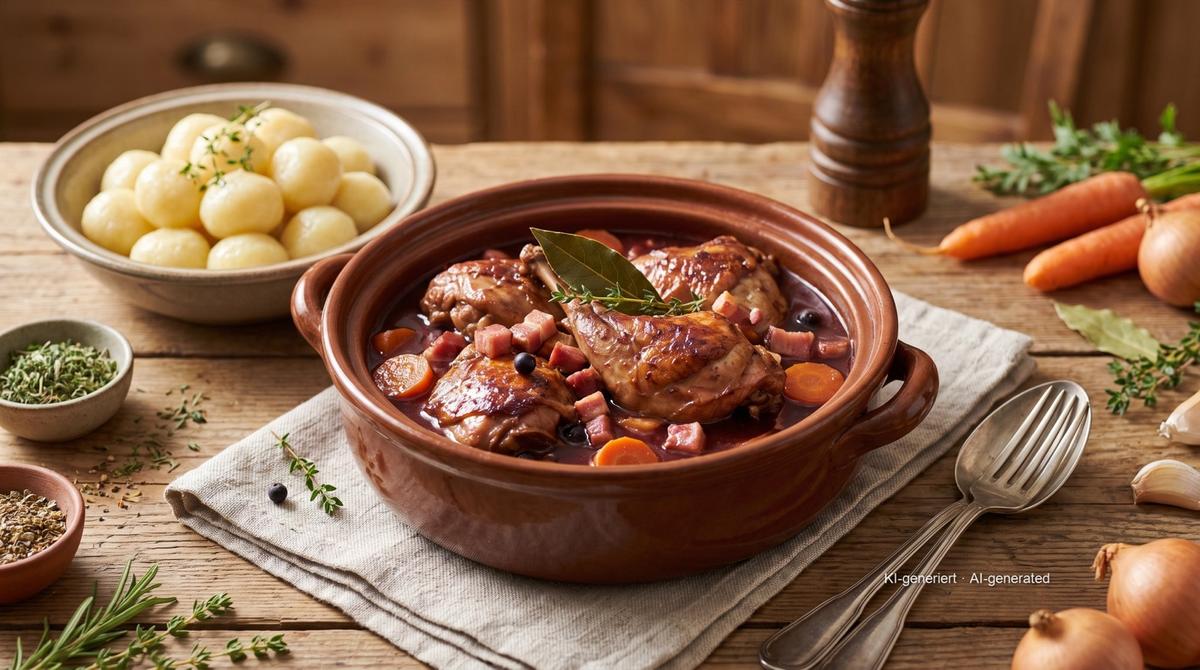 Hessischer Dippehas (hesenský králík na červeném víně) – Recept a obrázek vytvořeny pomocí AI, redakčně zkontrolovány