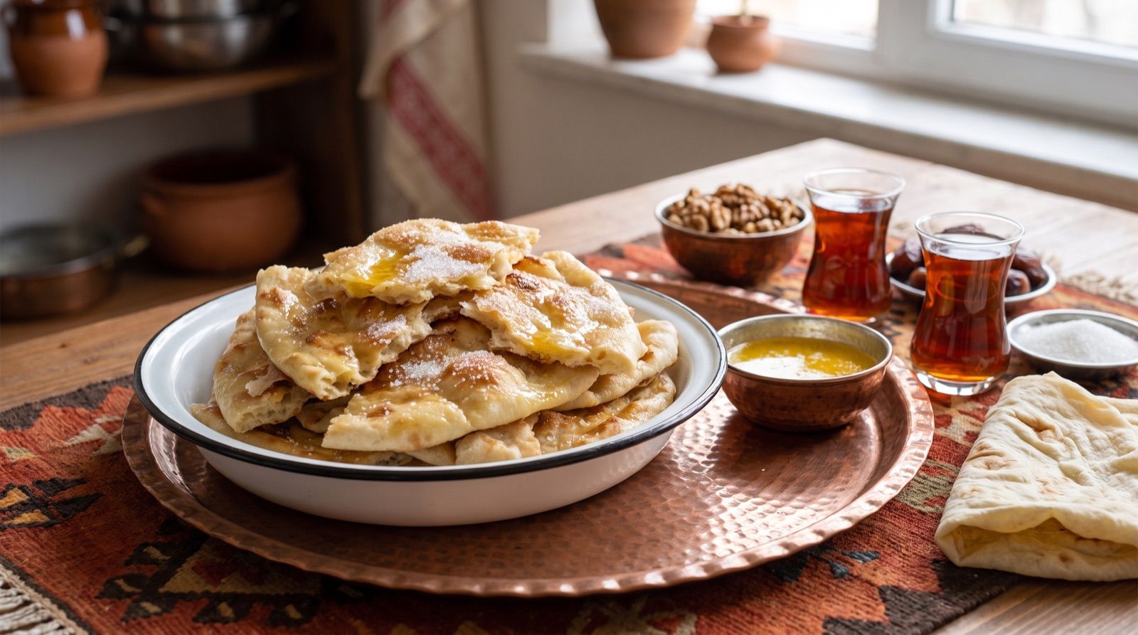 Hevrîşk — heißes Fladenbrot mit Butterschmalz und Zucker