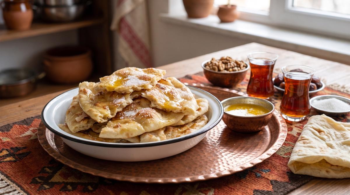 Hevrîşk — heißes Fladenbrot mit Butterschmalz und Zucker – Rezept und Bild mit KI erstellt, redaktionell geprüft