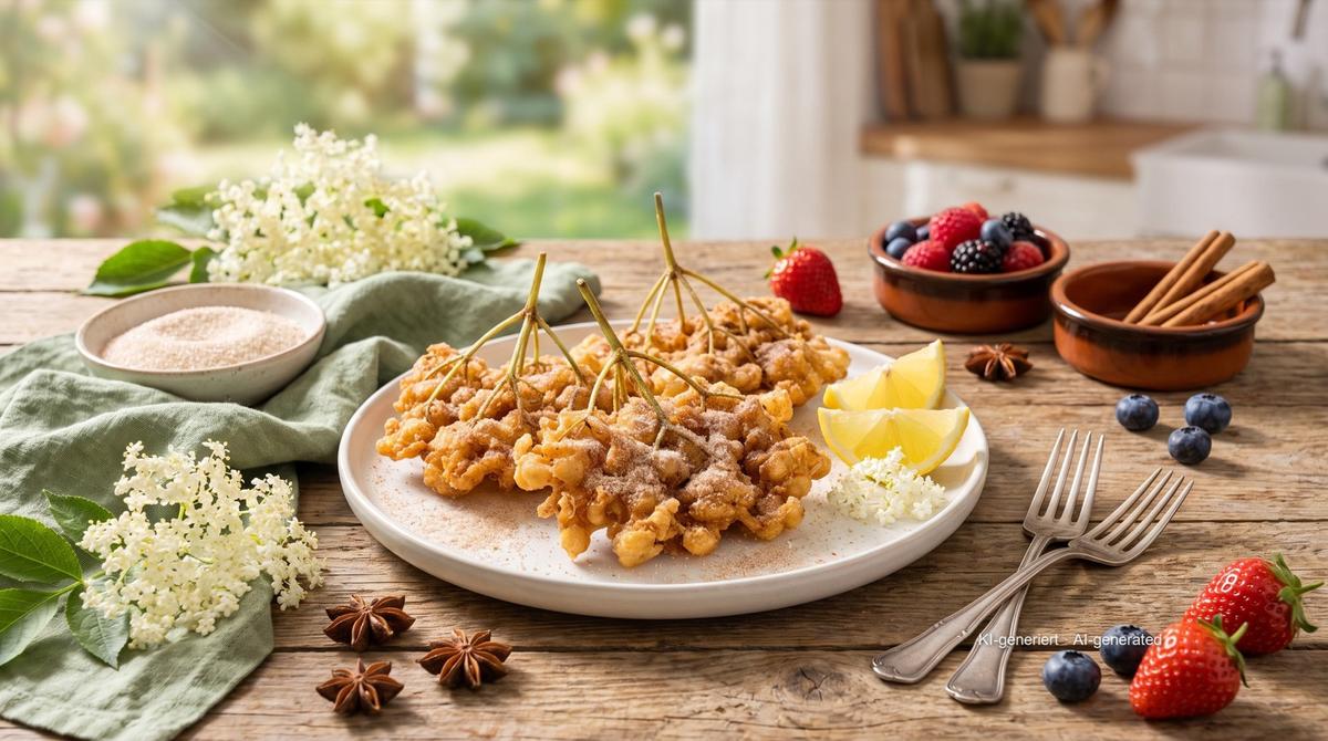 Hollerküchle (bunga elder goreng berbalut adonan bir) – Resep dan gambar dibuat dengan AI, telah diperiksa oleh tim redaksi