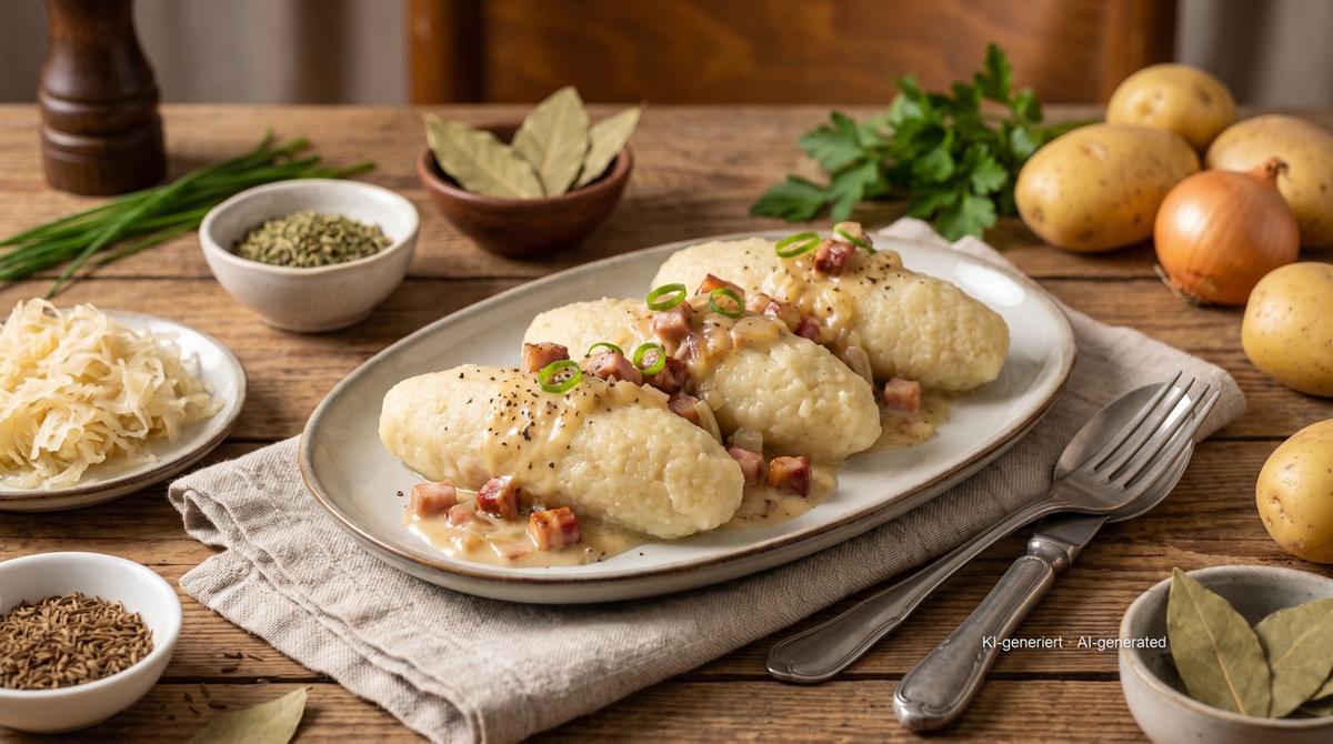 Hoorische (sárské knedlíky ze syrových brambor) se slaninovou omáčkou – Recept a obrázek vytvořeny pomocí AI, redakčně zkontrolovány