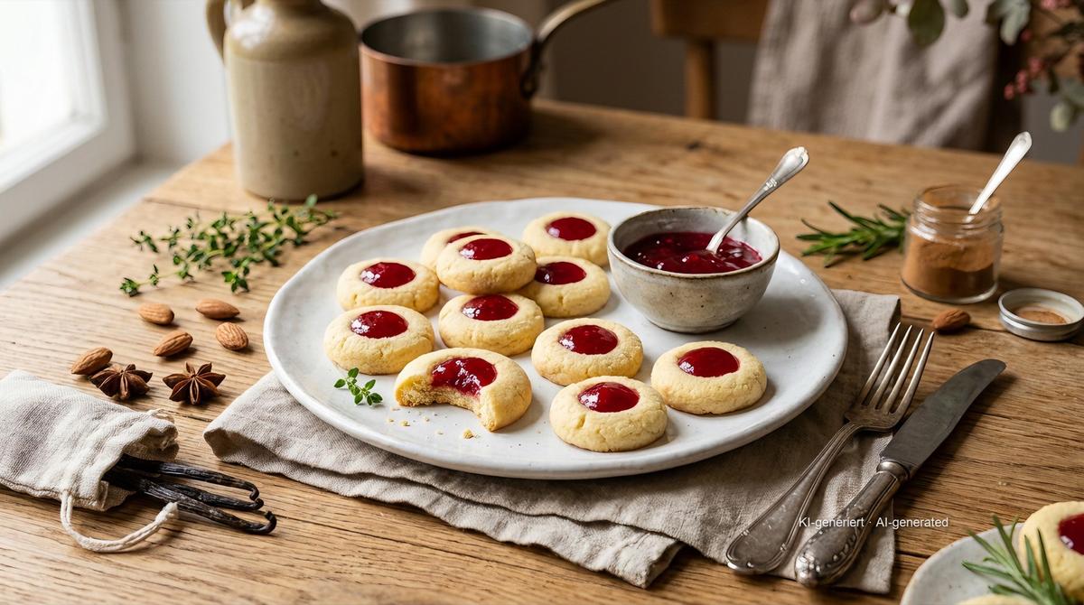 Husarenkrapfen (biscoitos amanteigados com geleia de groselha) na airfryer – Receita e imagem criadas com IA e revisadas pela equipe editorial