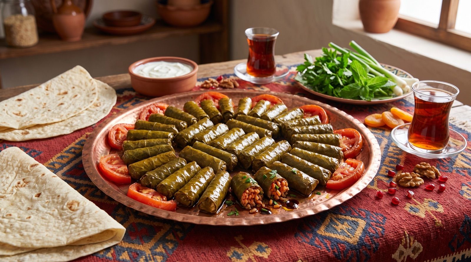 Îprax bê goşt — Weinblätter mit Reis, Tomate und Granatapfelsirup