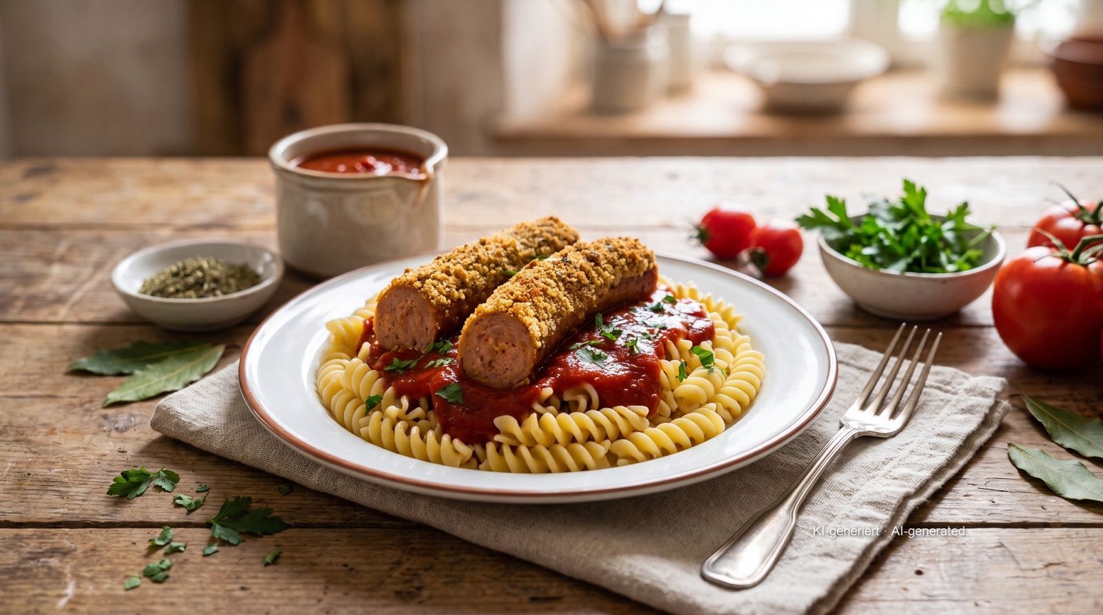 Jägerschnitzel op DDR-wijze (gepaneerde jachtworst met tomatensaus)