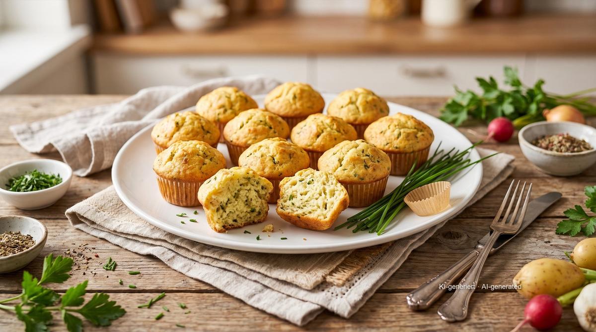 Muffin salati al formaggio e alle erbe in friggitrice ad aria – Rezept und Bild mit KI erstellt, redaktionell geprüft