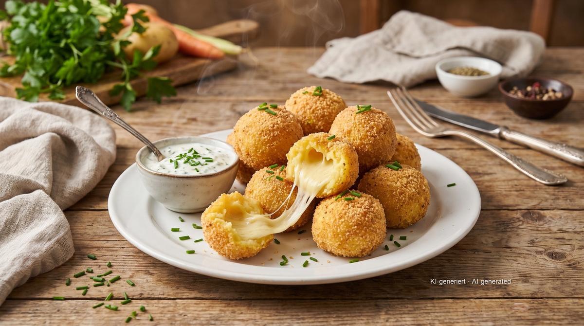 Kartoffelbällchen mit Käsekern aus der Heißluftfritteuse – Rezept und Bild mit KI erstellt, redaktionell geprüft