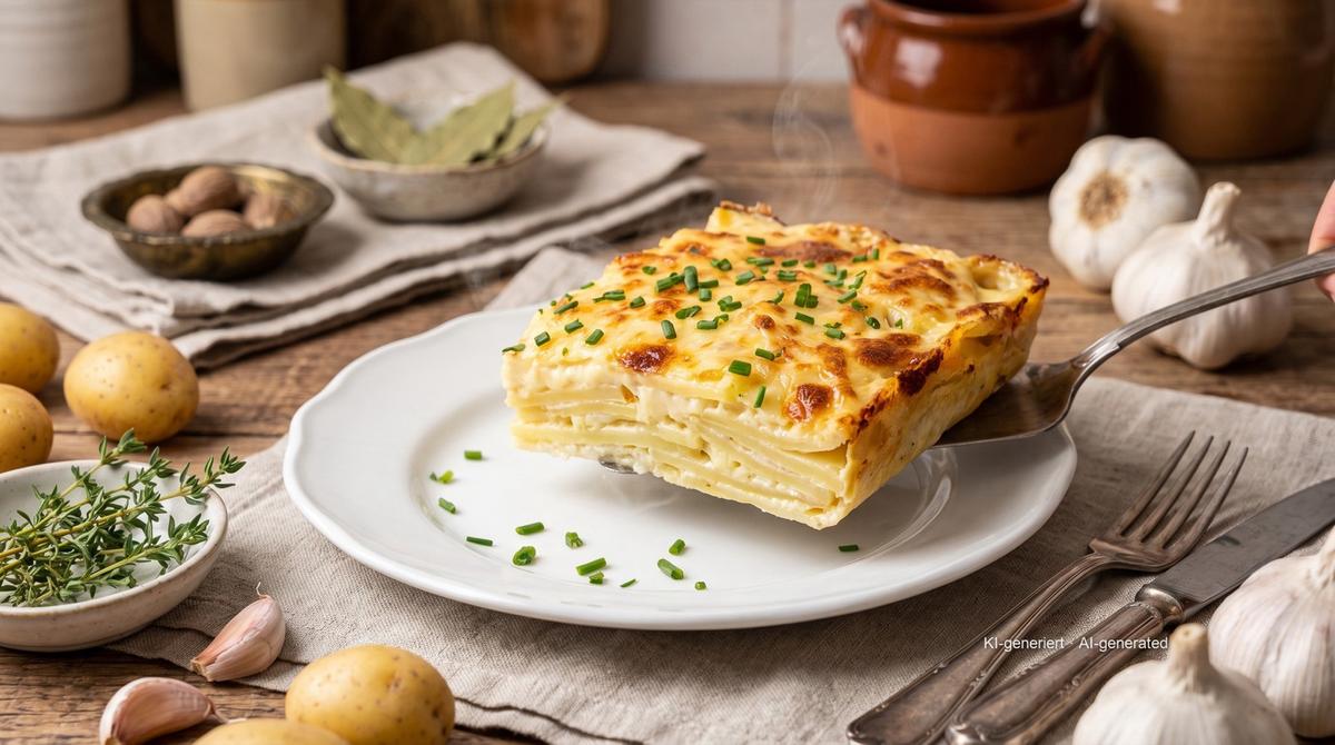 Kartoffelgratin in kleiner Form aus der Heißluftfritteuse – Rezept und Bild mit KI erstellt, redaktionell geprüft