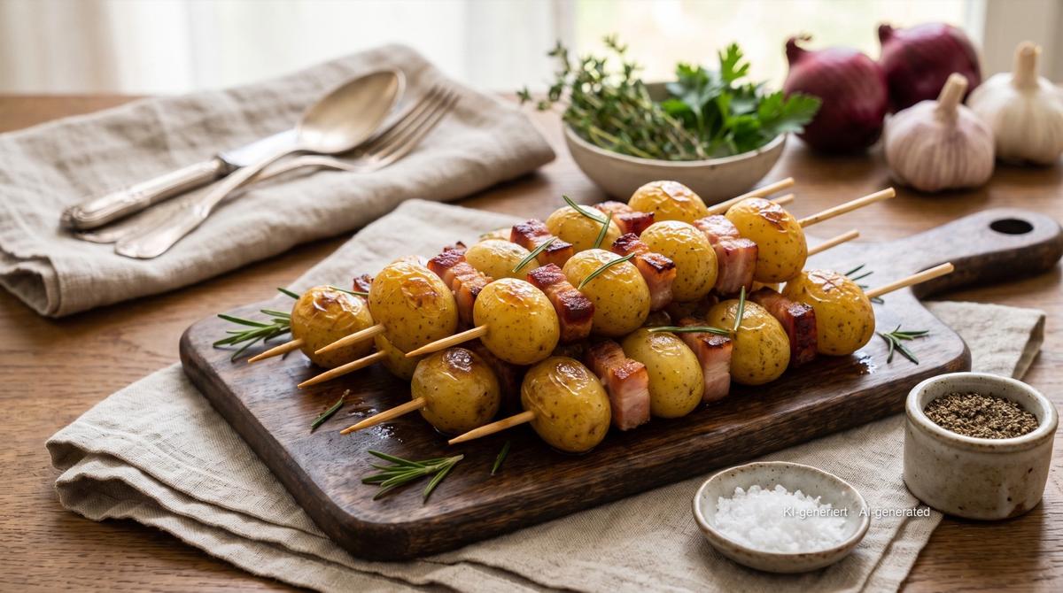 Bramborové špízy se slaninou z horkovzdušné fritézy – Recept a obrázek vytvořeny pomocí AI, redakčně zkontrolovány