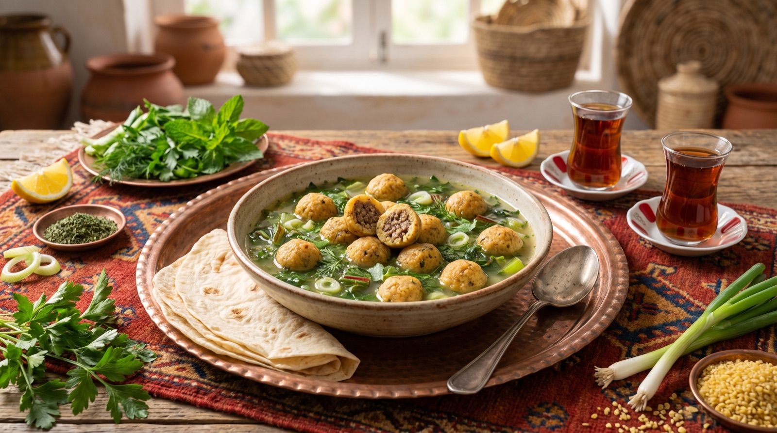 Kiftey brwêş — Lamb Dumplings in Swiss Chard and Herb Broth