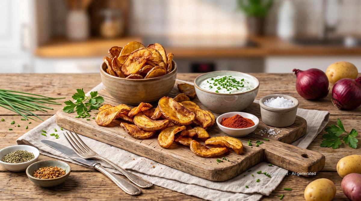 Krokante aardappelschillen uit de airfryer – Recept en afbeelding gemaakt met AI, redactioneel gecontroleerd