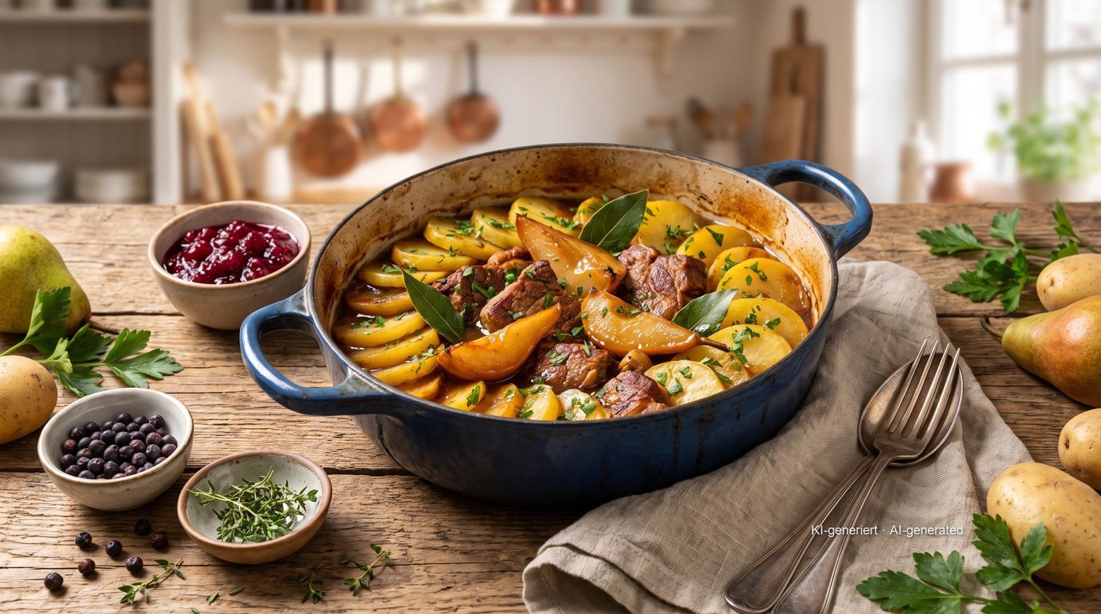 Köthener Schusterpfanne (stoofschotel van varkensvlees, aardappel en peer)