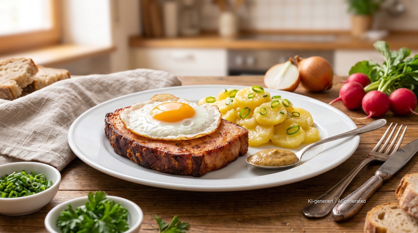 Leberkäse mit Spiegelei und Kartoffelsalat