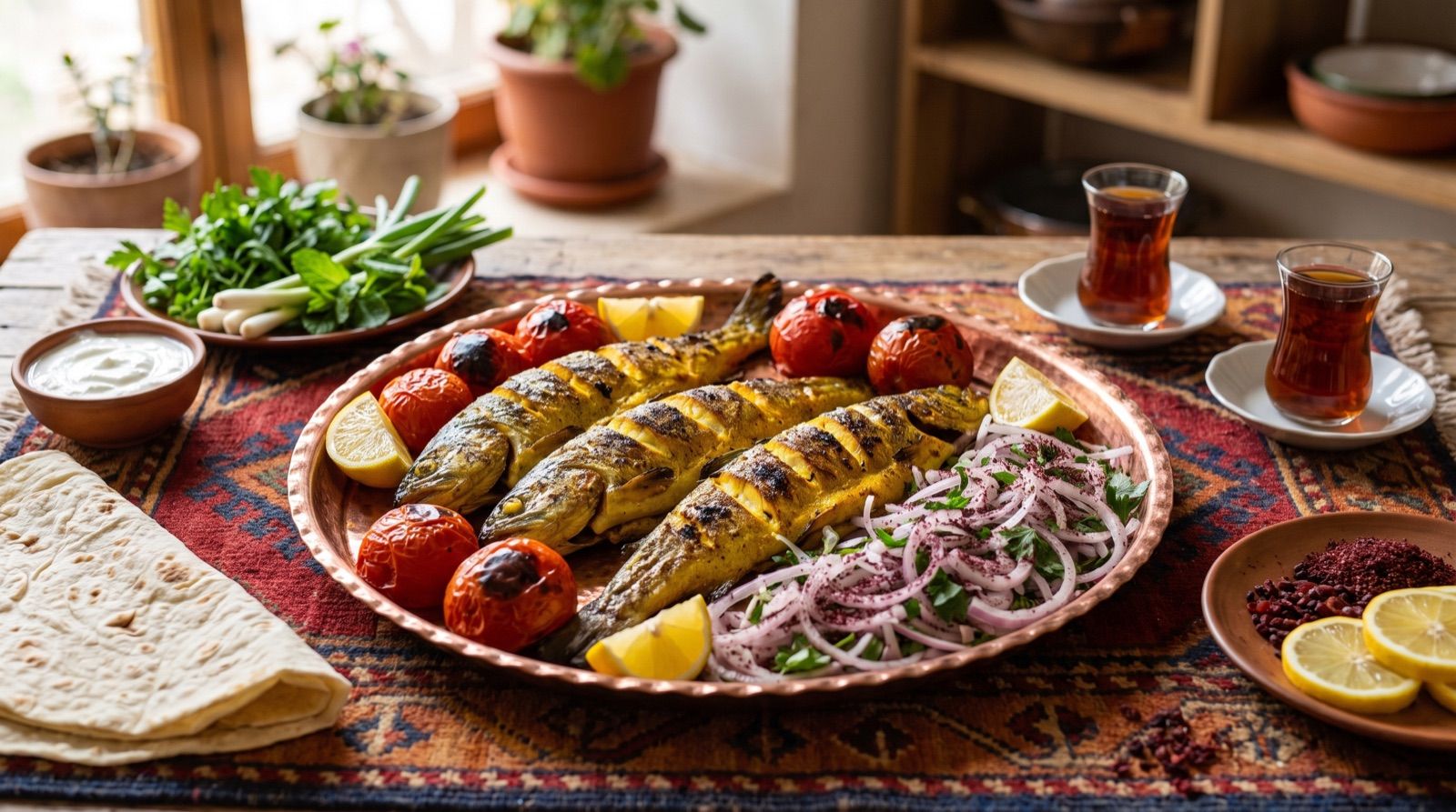 Masiyê Xabûrê — Grilled River Fish with Sumac Onions
